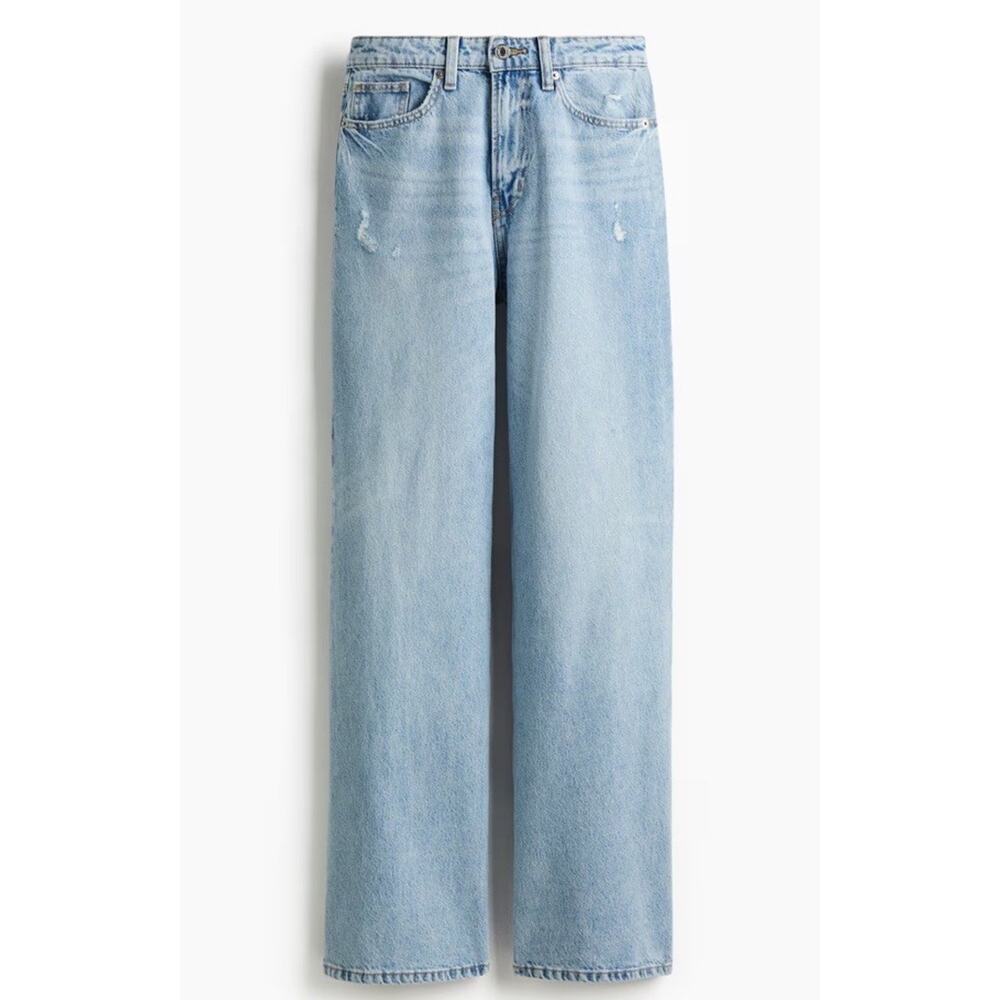 H&M Denim Light Denim Blue Wide Leg High Waist Jeans Pockets Button Zip Solid